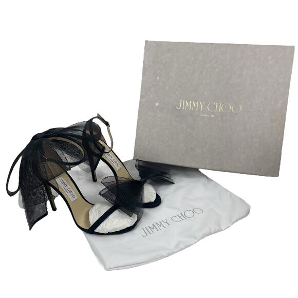 Jimmy Choo Aveline 100 Black Sandal Grosgrain Mesh Fasincator Bow Size 39 - Picture 14 of 16
